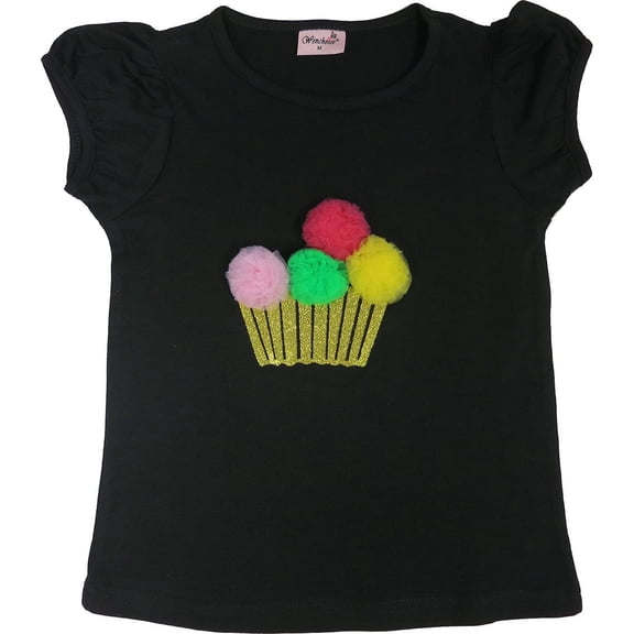 Wenchoice Girl'S 3-D Pompom Cupcake Black Short Sleeve Shirt XL(7T-8T)