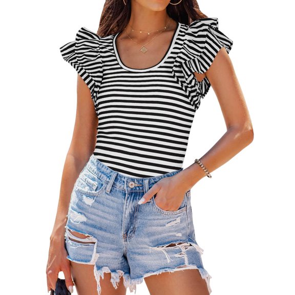 iHengLiXing Plus Size Spring Tops for Womens Dressy Casual Fashion Women's Ruffled Stripe Casual Self Cultivation Short Sleeved Round Neck Top Black M