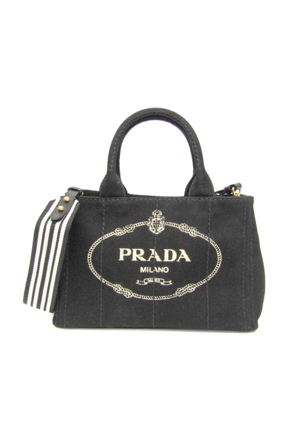 Pre-Owned Prada Canapa 1BG439 Women's Denim Handbag,Shoulder Bag Black,White