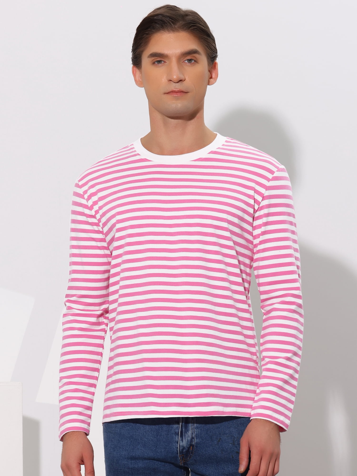 Unique Bargains Men's Long Sleeve Pullover Top Crew Neck Striped T-Shirts 38 Pink White