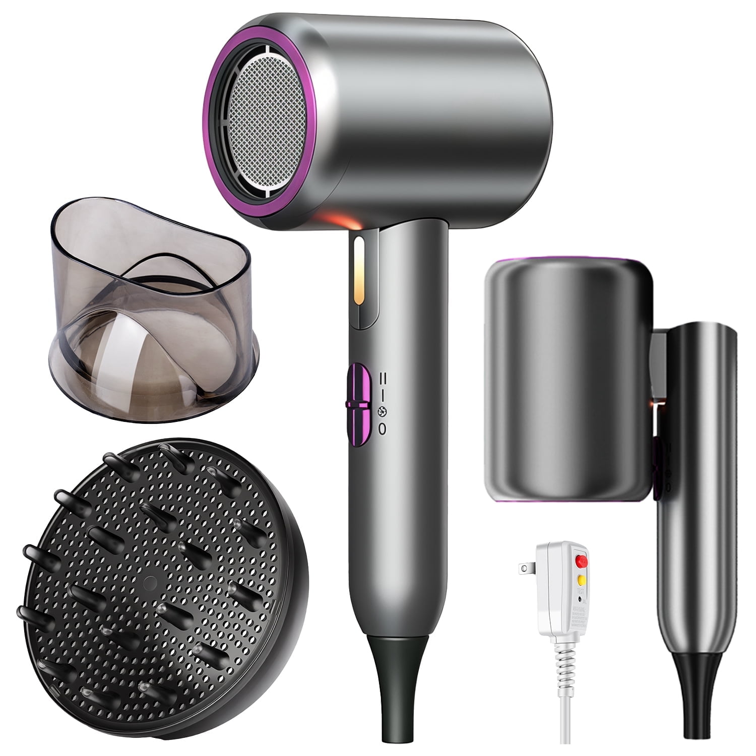 2000W Ionic Hair Dryer, Foldable Fast Drying Blow Dryer with Diffuser & Concentrator Nozzles for Home and Travel Use, Grey