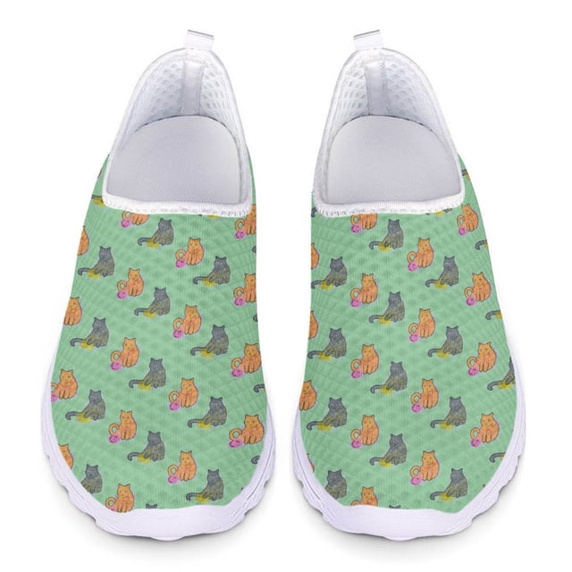 Mocasines de moda para mujer con estampado de gato y dibujos animados, de malla, ligeros, sin cordones, para exteriores, informales, cómodos, para caminar