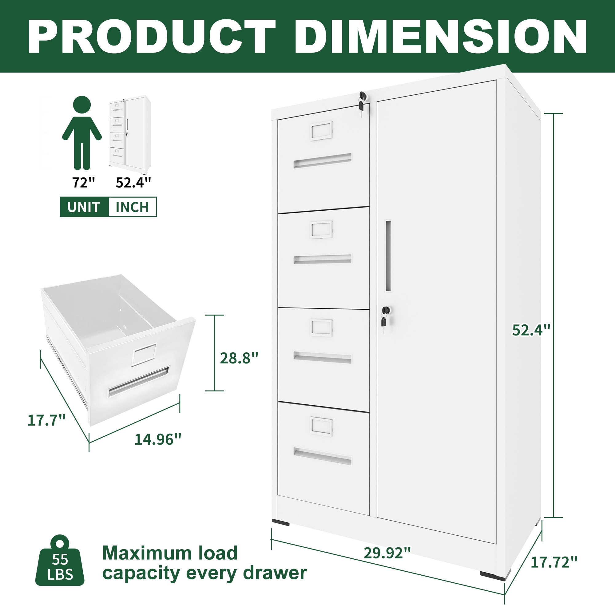LiviNest 4 Drawer Locking File Cabinet: Secure Storage with Wardrobe for Home Office & Bedroom - White Steel Vertical Cabinet for Letter/Legal/A4 Files & Personal Items
