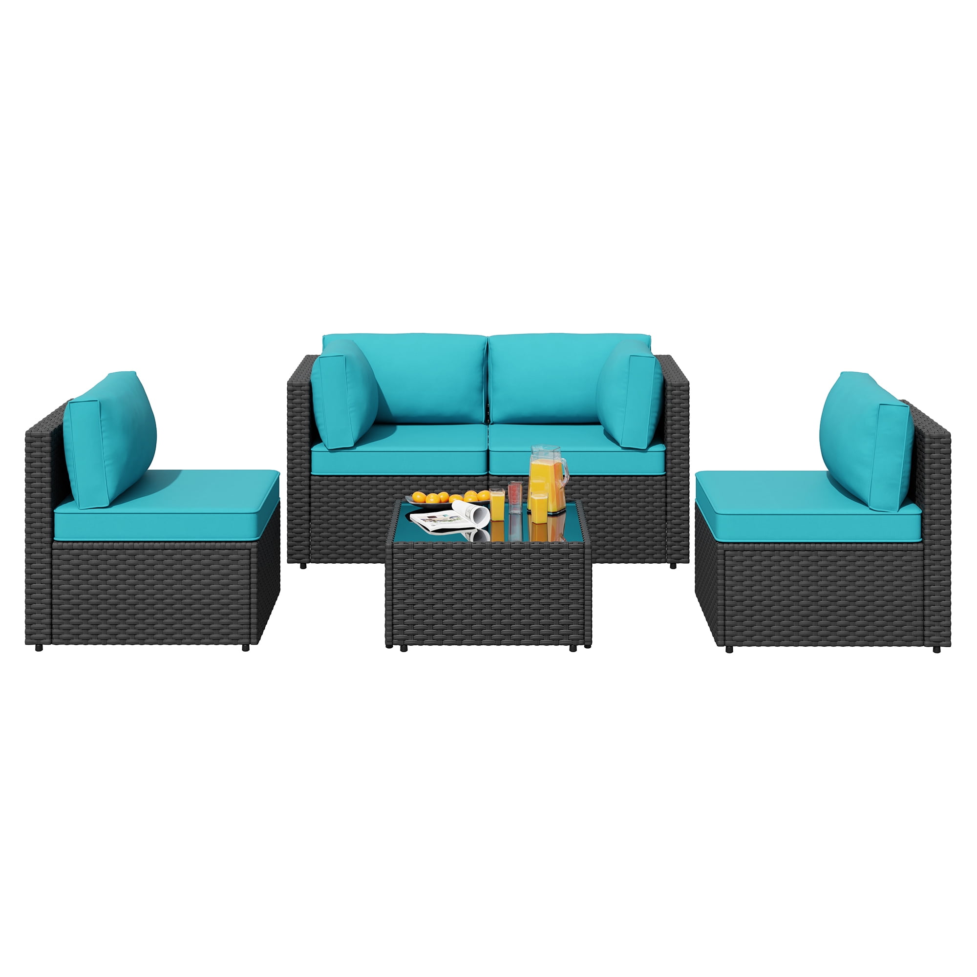 Walsunny 5 Pieces Outdoor Furniture Patio Sectional Sofa Set, Wicker Rattan Conversation Sets with Cushions and Glass Table, Black Rattan Blue Cushions
