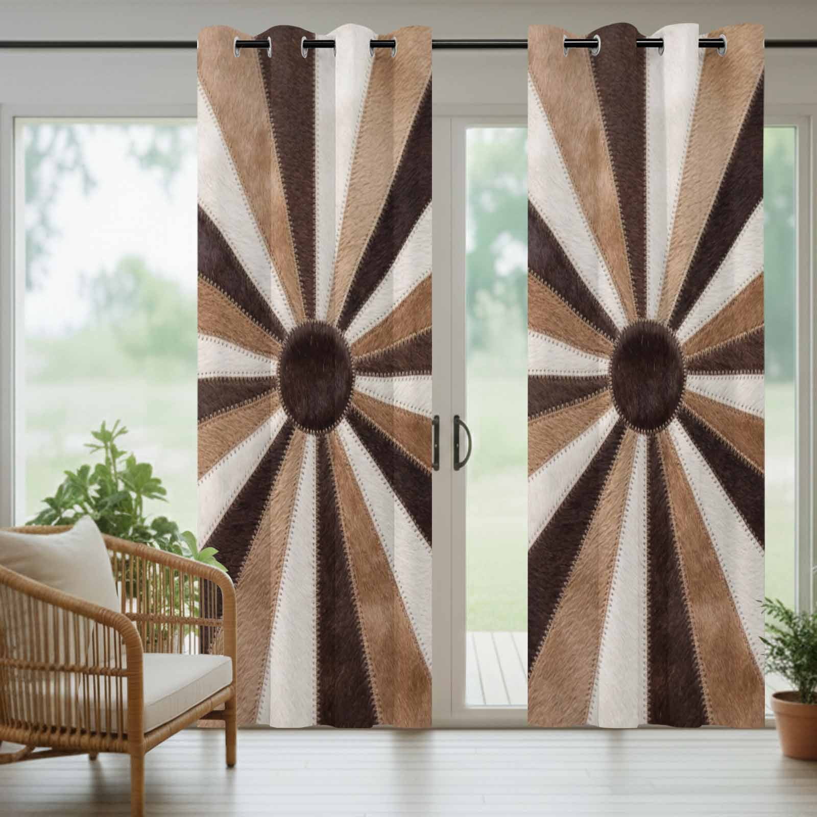 Radial Patchwork Outdoor Curtains for Patio, Country Abstract Beige Brown Cream Symmetrical Rays Sunshade Privacy Drapes Grommet Waterproof Outside Curtains for Porch/Cabana/Balcony 54"x108", 1 Panel