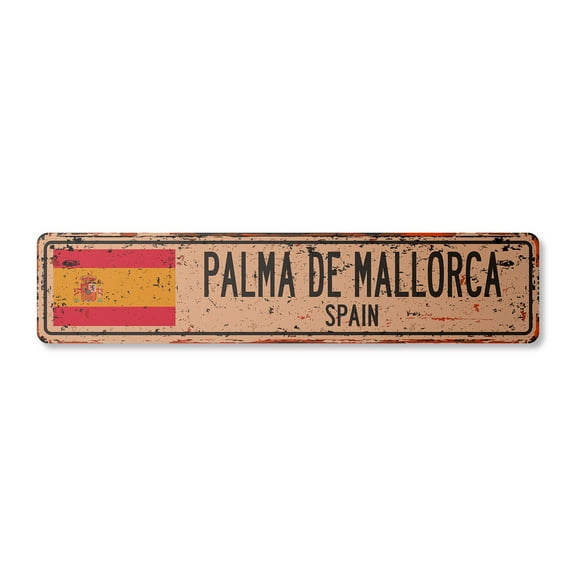 PALMA DE MALLORCA SPAIN Vintage Aluminum Street Sign Spaniard flag city country road rustic metal tin wall gift | Indoor/Outdoor | 18" Wide