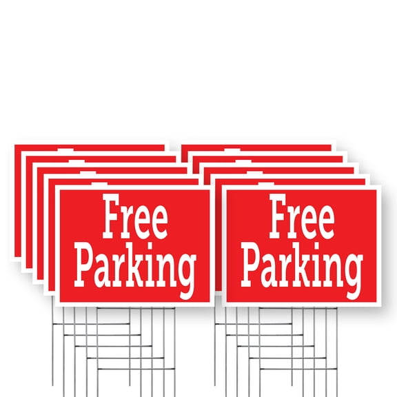 Free Parking Yard Sign 10 Pack of 18 Inch x 24 Inch Double Sided Weatherproof Heavy-Duty Plastic with Stake | Convenient Locations, Event Promotions, Clear Signage | Made in USA