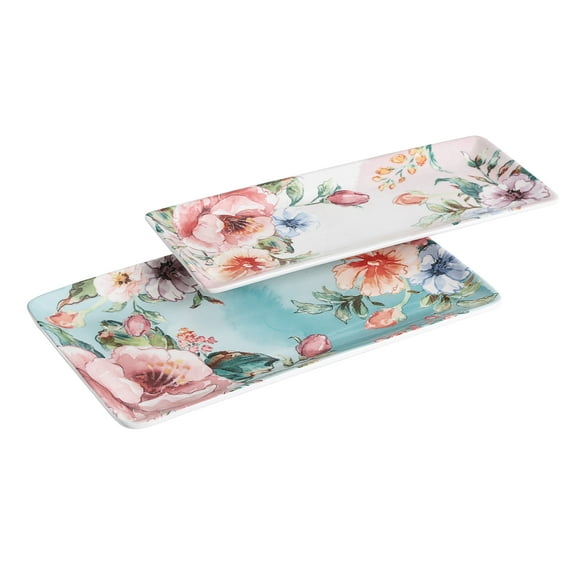 Bico Margret's Garden Ceramic 14 inch Rectangular Serving Platter, Set of 2, for Serving Salad, Pasta, Cheese, Ham, Appetizer, Microwave & Dishwasher Safe
