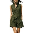 thumbnail image 3 of VBVC Women's Linen Sleeveless Vest 2 Piece Short Sets , Summer Vacation Matching Outfits For Women , Ladies' Stand Collar Button Suit Sets with Pockets,Army Green,S-2XL, 3 of 6