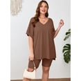 thumbnail image 5 of SHOWMALL Women Plus Size Outfits Set Soft Loungewear Pastel Brown 3X Summer 2-Piece Pajamas Short Sleeves and Bliker Shorts Lounge Sets for Women, 5 of 7