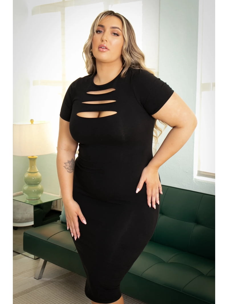 plus size models in bodycon dresses Final Sale Plus Size Shiny BodyCon Dress with Side Ruffle and Front Slit in Red