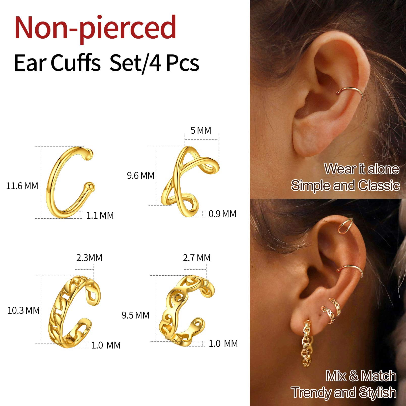 ChicSilver 4 Pcs Ear Cuff for Women Sterling Silver Earrings No Piercing Cartilage Earring Clip On Cartilage Earrings for (Gold) | Clearance