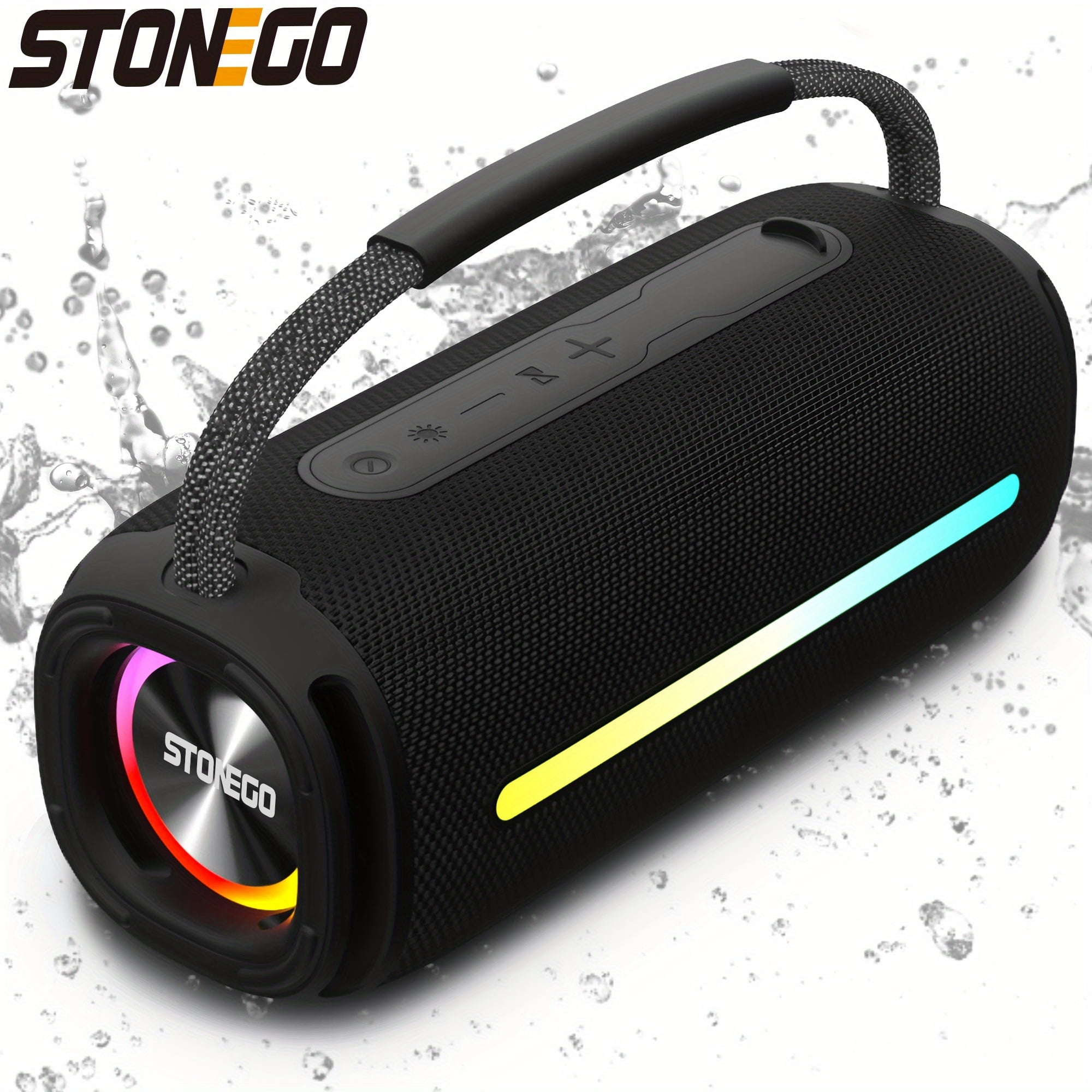 STONEGO Portable Handheld Bluetooth Speaker, Bluetooth 5.3 Wireless RGB Flash Dual Speakers, TWS Heavy Bass Stereo, IPX6 Waterproof, USB-C Charging, 3000mAh Battery, with FM Mode