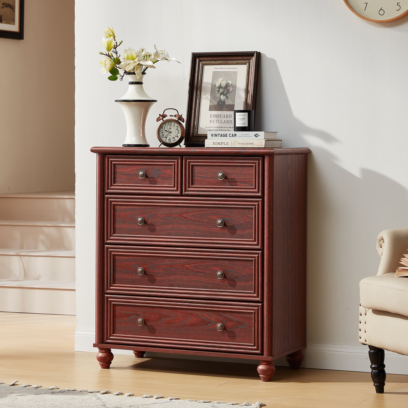 Farmhouse Red Oak Dresser of 5 Drawers, Dresser Chest with Easy Pull Handle for Bedroom, Living Room