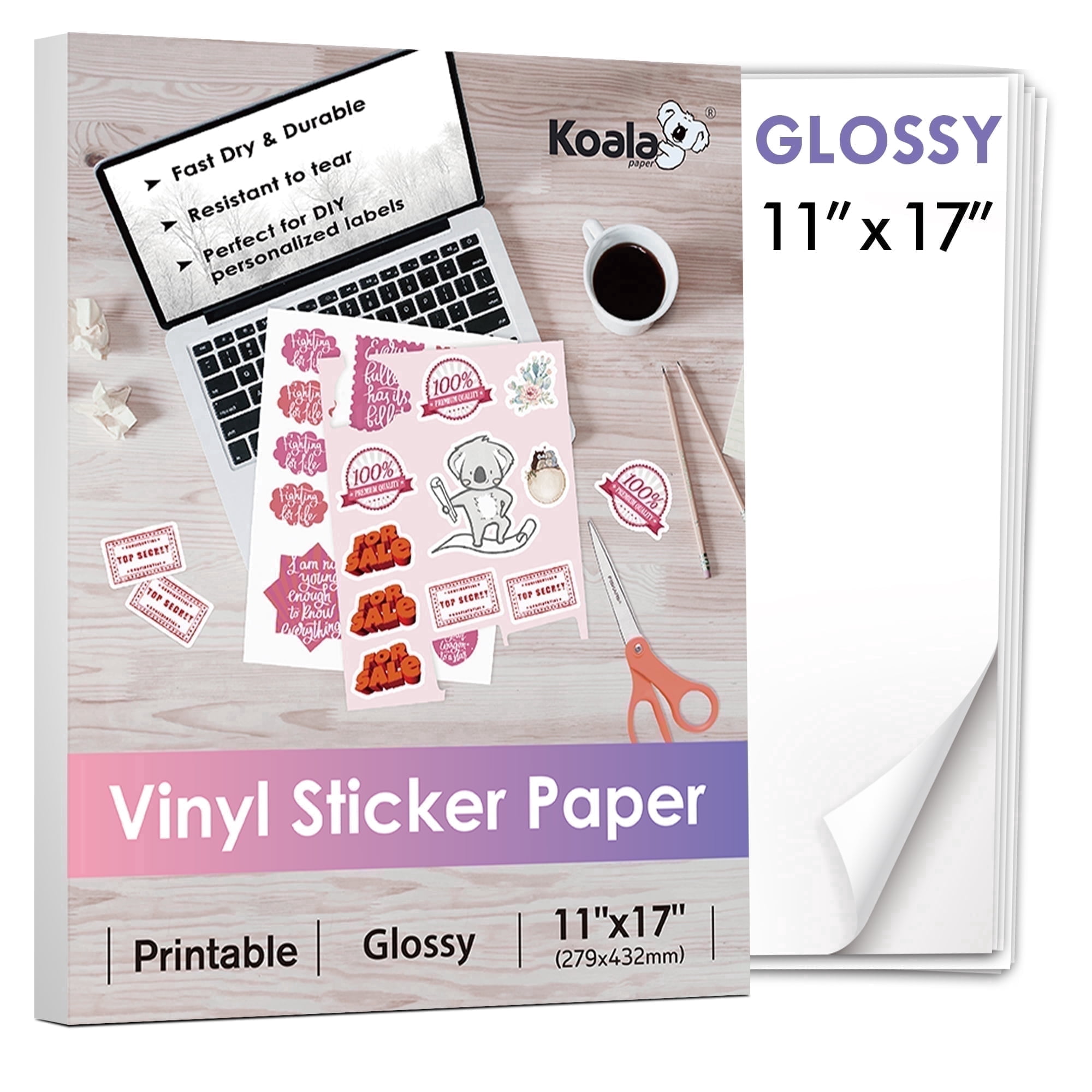 (3 pack) Koala Printable Vinyl Sticker Paper for Inkjet & Laser Printers , 11x17 inch Glossy White Waterproof Sticker Paper, Tear-Resistant, 10 Sheets