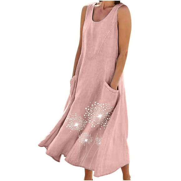 Staron Pink Summer Dress for Women Sleeveless Plus Size Casual Flowy Sundress Beach Vacation Dresses Cotton Linen Long Solid Crew Neck Dress with Pockets XL