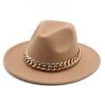 thumbnail image 1 of Qarigey Sombreros Fedora Unisex de ala ancha collar de oro gorra de lana Color sólido elegante sombrero de lujo sombrero flexible mujeres boda Sombreros Bronceado suave, 1 of 6