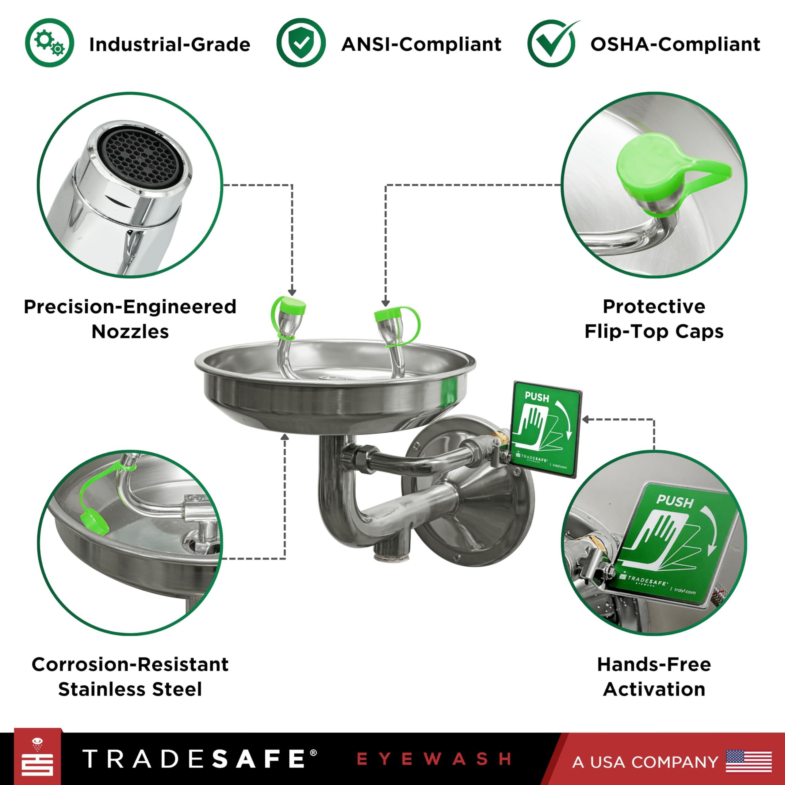 TRADESAFE Wall Mount Eye Wash Station, Emergency Eye Wash Station OSHA Approved, ANSI Compliant