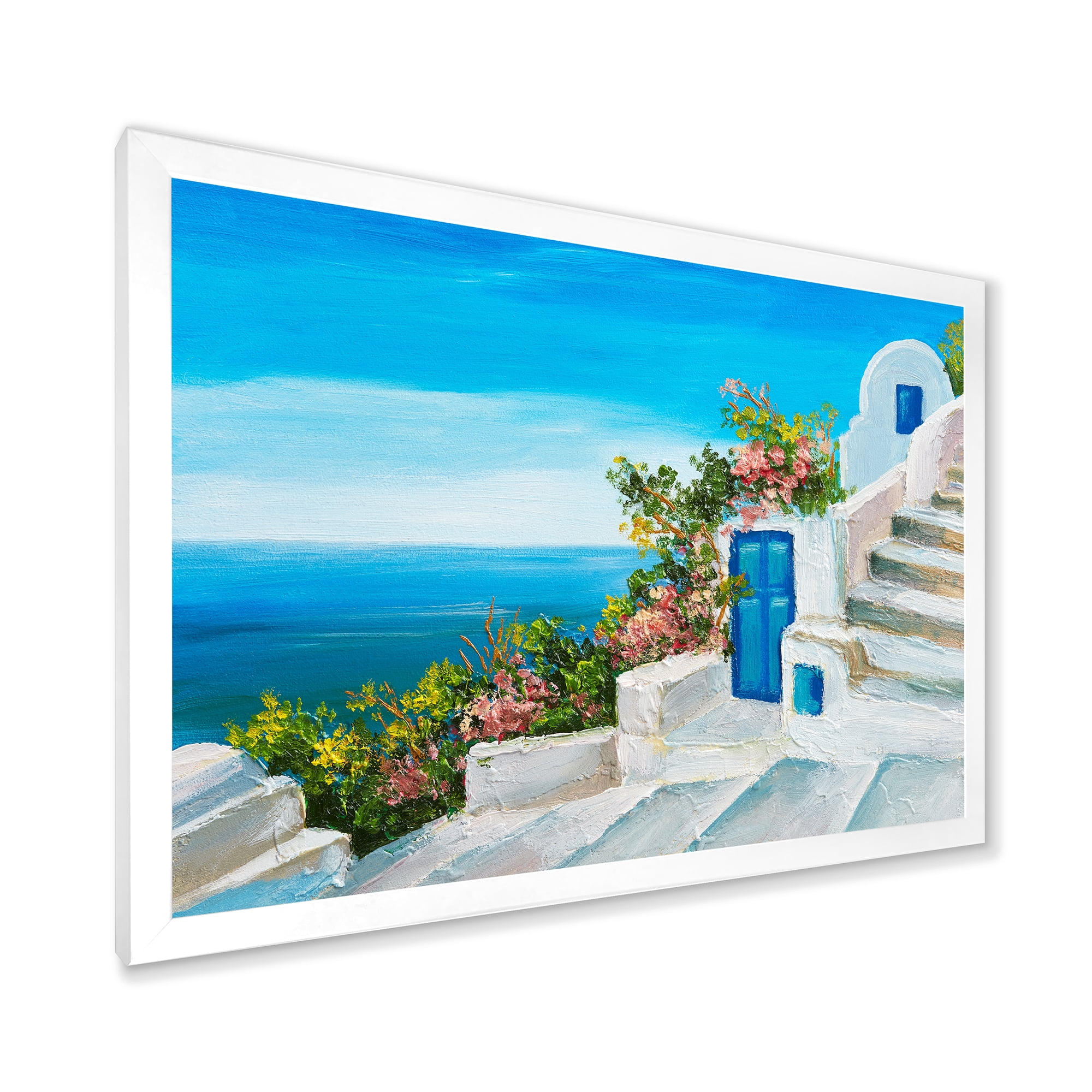 Designart 'House With Colorful Flowers Near The Sea IV' Nautical & Coastal Framed Art Print