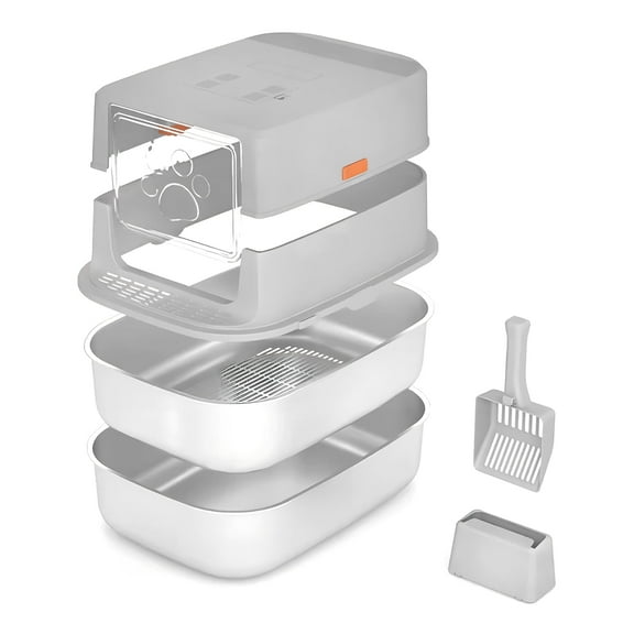 Furrbby Stainless Steel Sifting Litter Box with Lid for Big & Multi Cat, Easy Clean, with Scoop, Grey