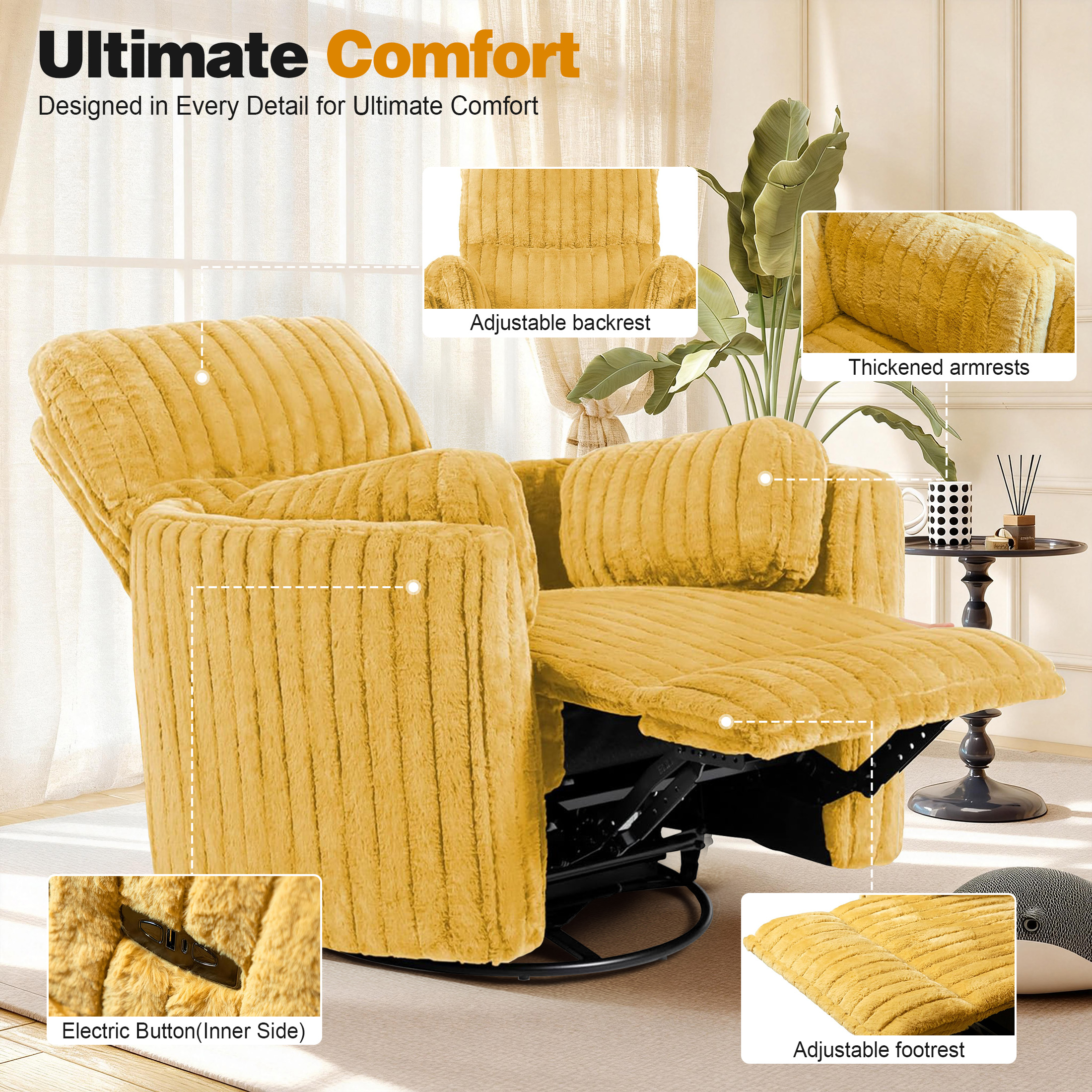 Aukfa Swivel Rocking Glider Power Recliner Chair with 24" Wide Seat & Type-C & USB Ports, Yellow