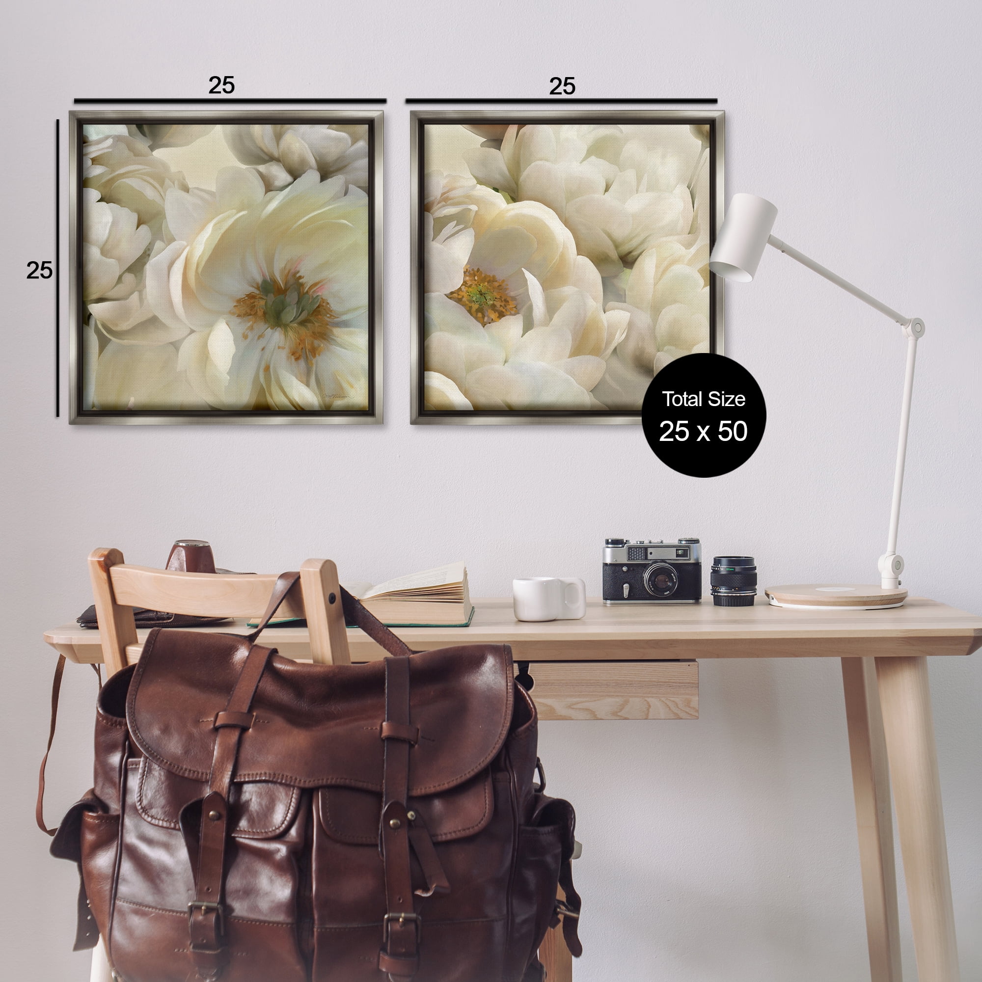 Stupell Industries White Peonies Serenity Floral & Botanical Painting Gray Floater Framed Canvas Art Print Wall Art, 25 x 25, Set of 2
