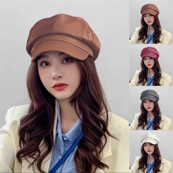 Beach Hats for Women Women Pu Leather Beret Newsboy Cabbie Painter Cap Beige One Size
