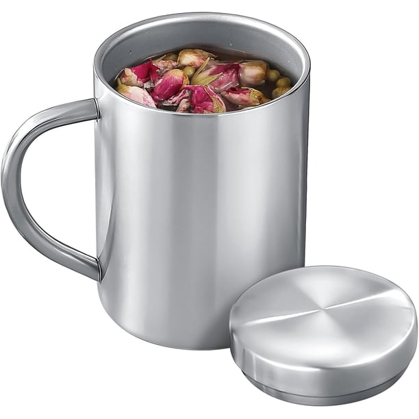Taza de café de acero inoxidable, taza de café térmica de doble pared con asa y tapa, taza de metal aislada, taza de metal para acampar en casa (brillante, 400 ml)