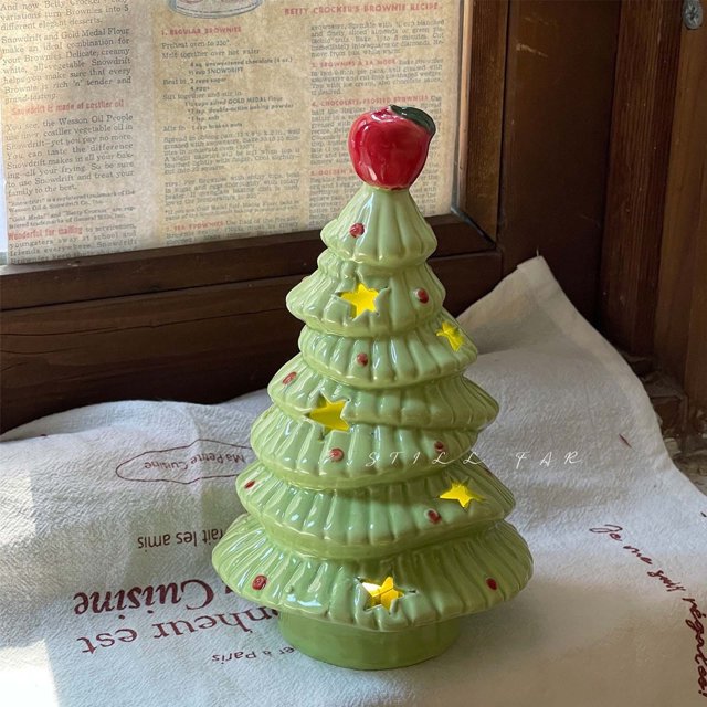 Herunwer Christmas Tree Night Light Cute Cartoon Ceramic Christmas Tree with Topper Holiday Bedroom Tabletop Decor