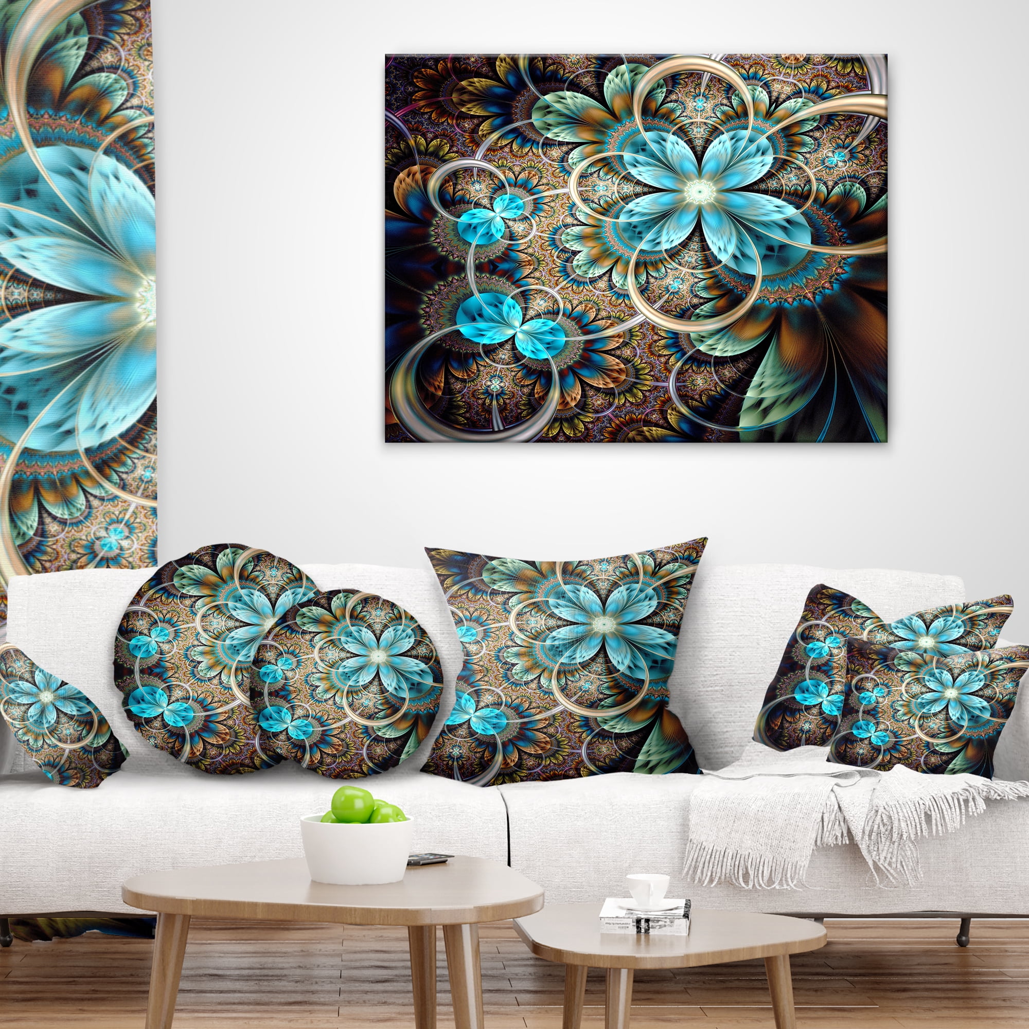 Designart Colorful Fractal Flowers with Blue Shade - Abstract Throw Pillow - 18x18