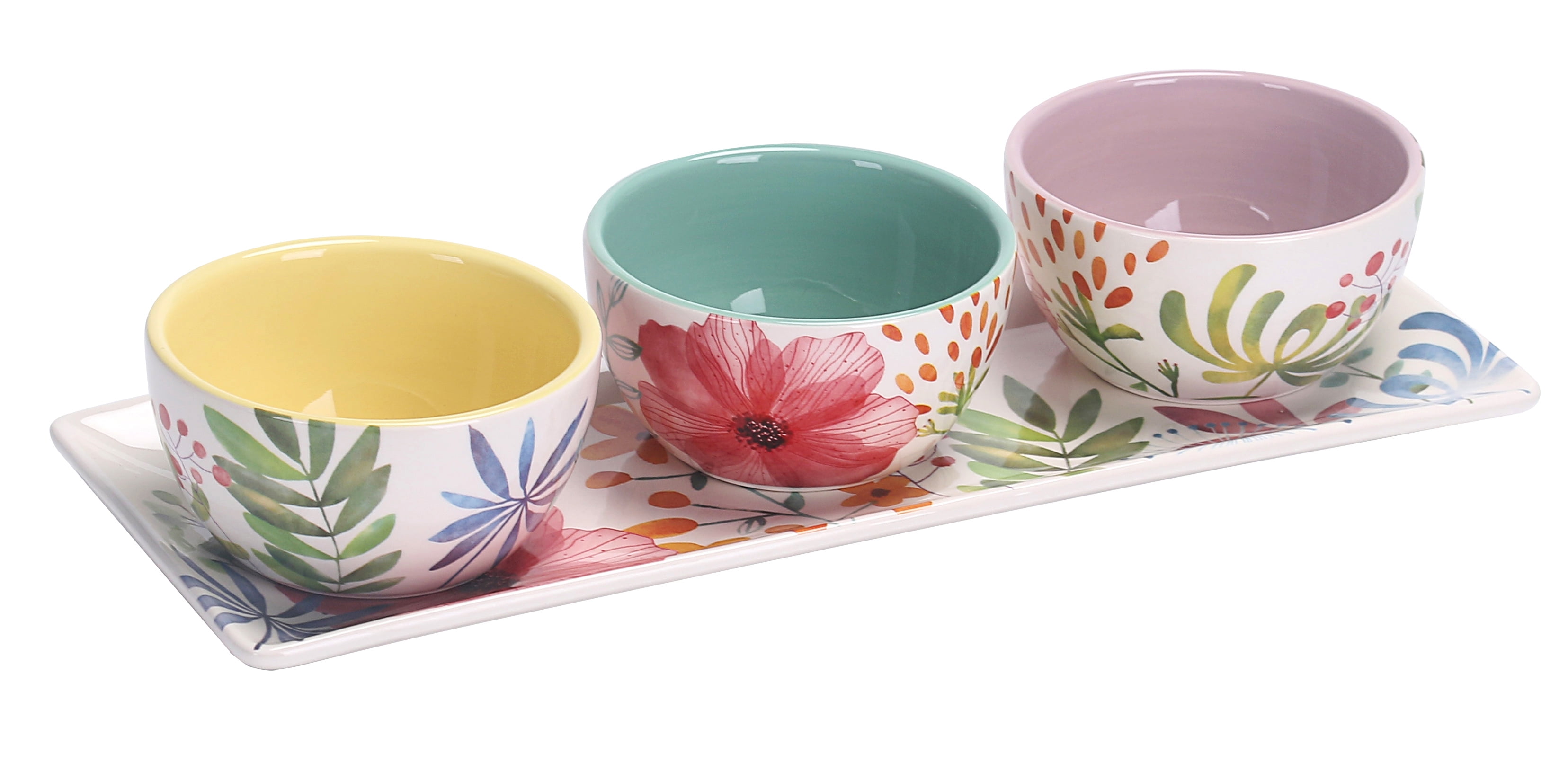 Bico Flower Carnival Ceramic Dipping Bowl Set (9oz bowls with 14 inch platter), for Sauce