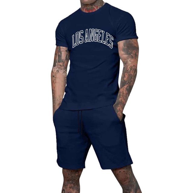 toraway Mode Costumes pour Hommes Grande Taille Bleu Marine Chandail Col Rond Manches Courtes T-Shirt Short à Cordon Ensemble Deux Pièces TG
