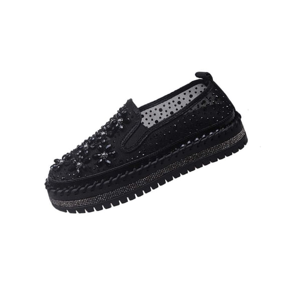 Black Ladies Round Toe Loafers Plus Size Rhinestone Flower Flat Slip On Comfortable Casual Walking Shoes Women