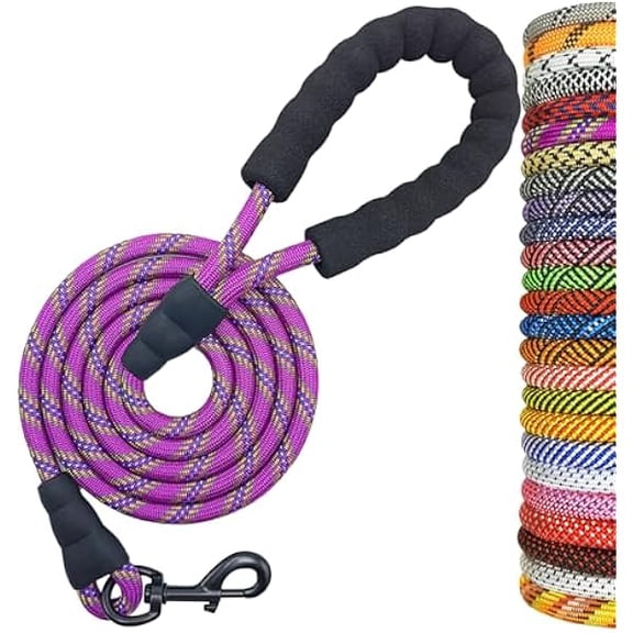 Eryueer Heavy Duty Rope Dog Leash, 6/8/10/15/20 FT Long Nylon Pet Leash, Soft Padded Handle Thick Lead Leashes for Large Medium Dogs Walking Recall Training (6ft * 1/2", Purple)