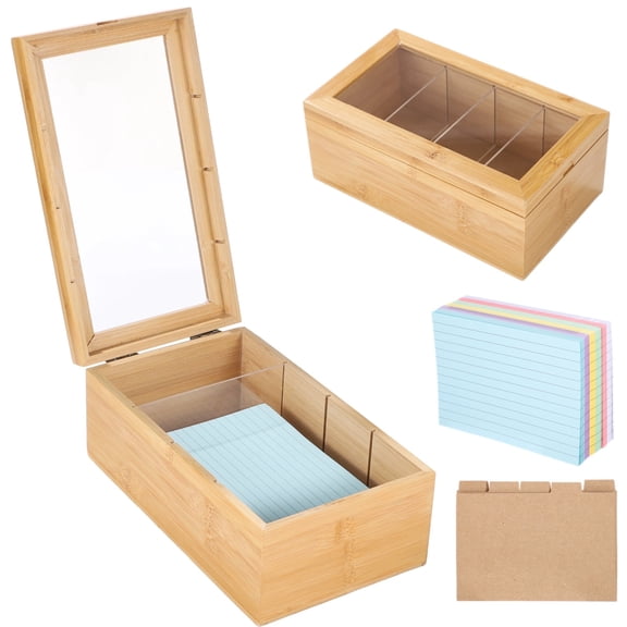 Wooden Index Card Organizer with Lid for Notes Business Card Recipes, Storage Box with Removable Dividers, Includes Kraft Paper Tabs and Colorful Cards