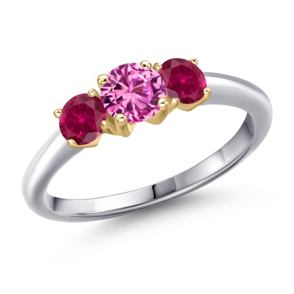 Gem Stone King 925 Silver and 10K Yellow Gold Pink Created Sapphire and Red Created Ruby Engagement Ring for Women | 1.05 Cttw | Round 5MM | Gemstone September Birthstone | Size 9