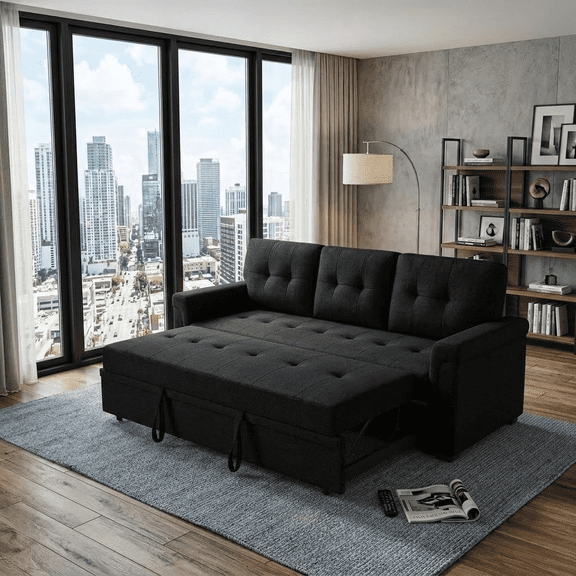 Howcool 86" Sectional Sofa Bed, L-Shaped Sleeper Pull Out Couch with Storage Chaise & USB Charging Ports, Linen Fabric for Small Apartment Living Room,Black