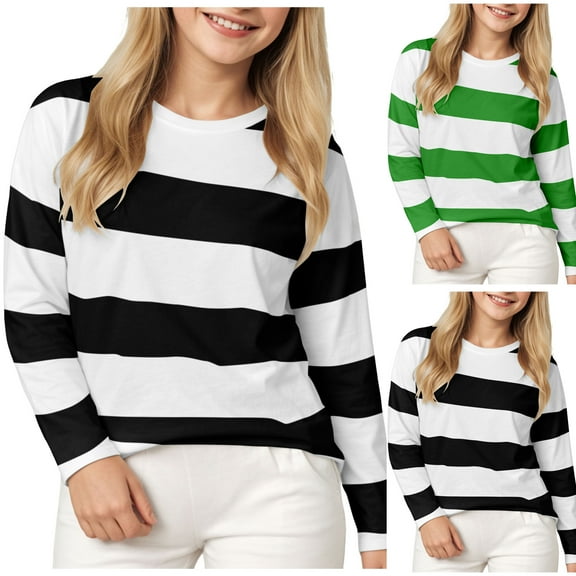 idosla Girls Casual Long Sleeve T Shirts Basic Crewneck Striped Tunic Blouses Tops (Black, 12-18 Months)