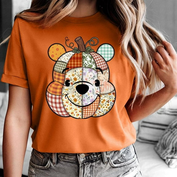Pooh Bear Pumpkin - Winnie The Pooh Fall Pumpkin Patchwork Shirt, Pooh Bear Pumpkin Head Tee, Cute Pooh Bear Shirt, Cute Pumpkin Patch Shirt, S-5XL Shirt
