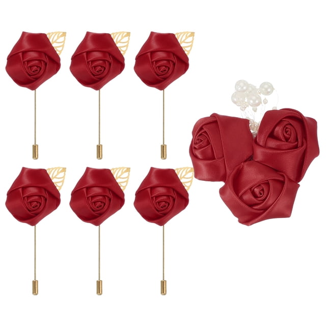 Uxcell 7 Pcs(6pcs Pins + 1 Brooch) Ramilletes de rosa burdeos para bodas, aniversario, baile de graduación, pines de ramilletes para cena formal