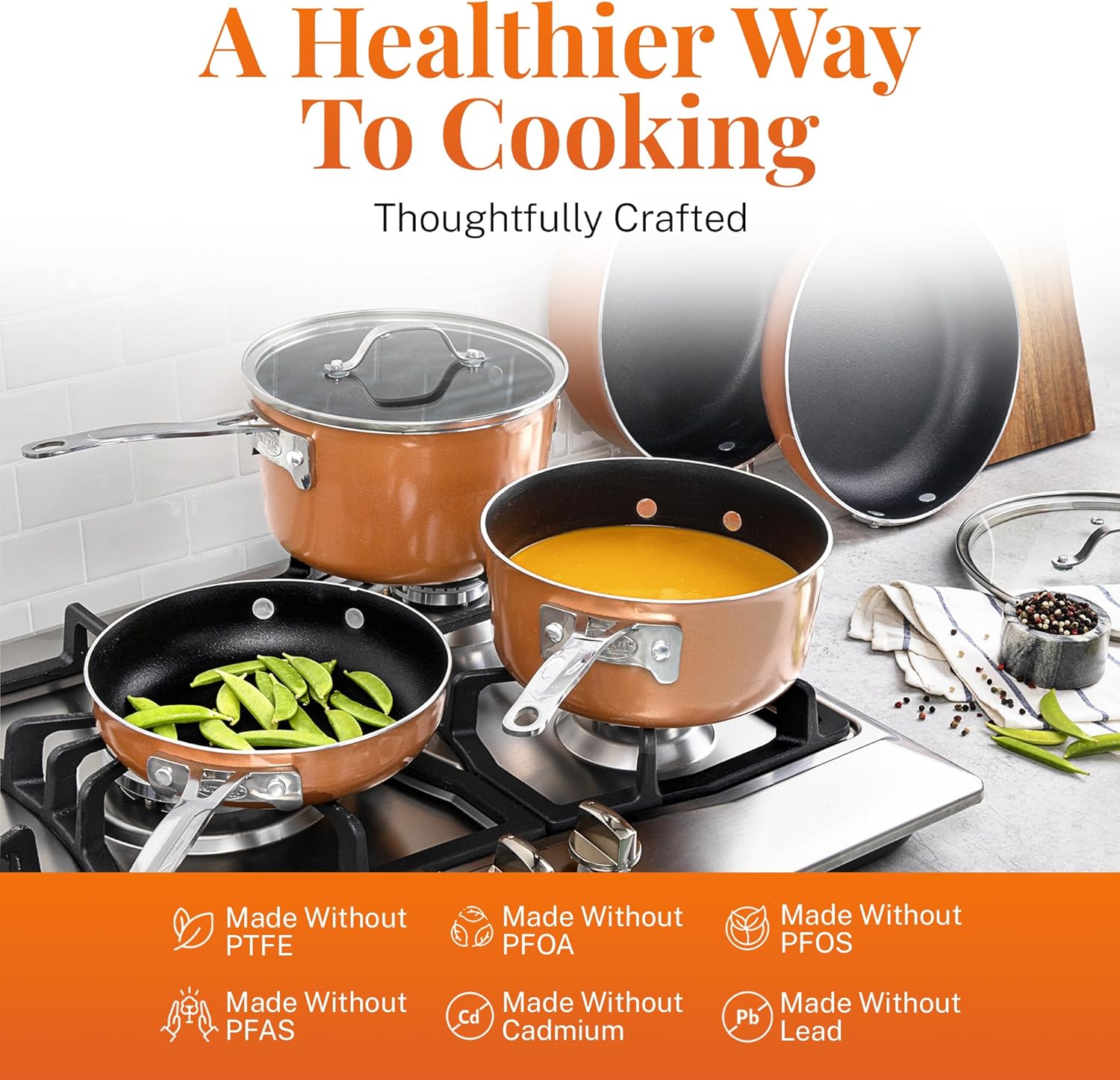 Gotham Steel Stackmaster 10 Pc Pots and Pans Set Non Stick Cookware Set with Kitchen Utensils, Induction Ready, Non Toxic Pot and Pan Set With Space Saving Design, Oven and Dishwasher Safe, Copper