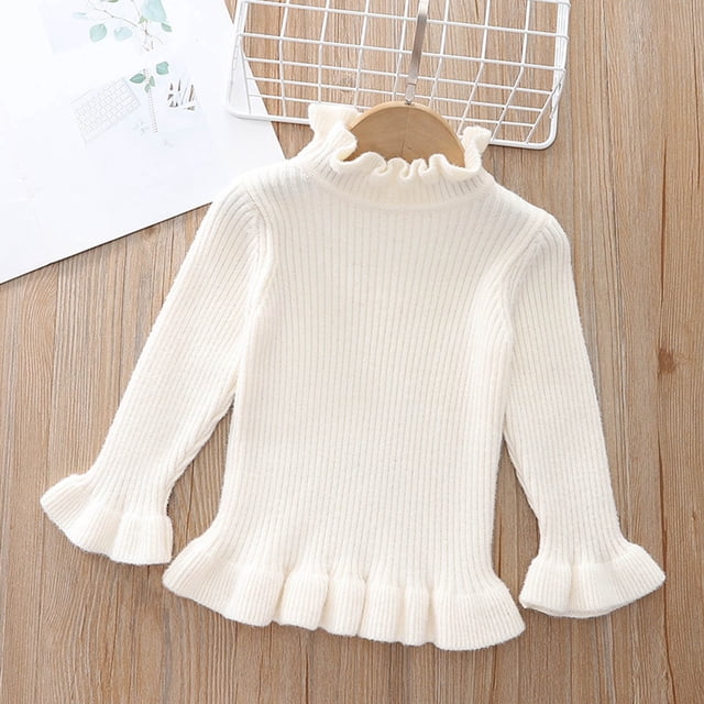 RKSTN Girls Sweaters Solid Color Versatile Ruffled Collar Long Sleeve Cable Knit Sweater Comfortable Pullover Top Fall Winter Warm Outfit 3-7Years