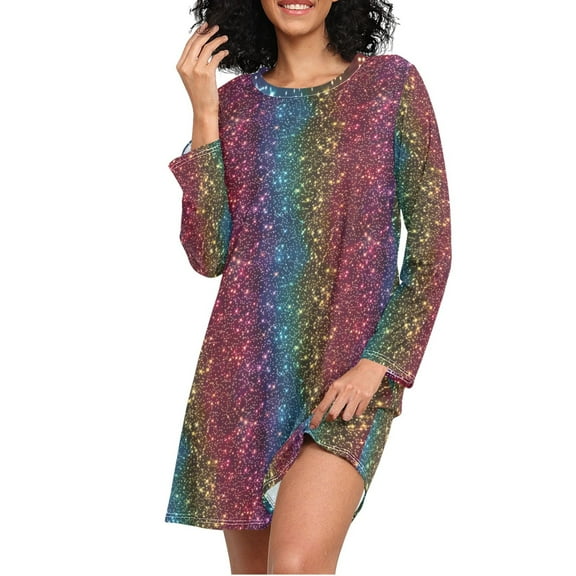 joogoo Rainbow Glitter Women's Long Sleeve Nightgown Sleepwear L