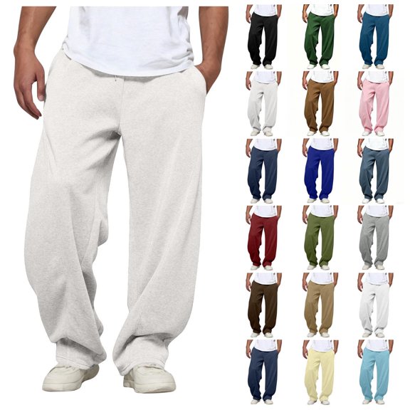 Men Solid Color Wide Leg Sweatpants Elastic Drawstring Waist Loose Pocketed Casual Trousers Autumn Daily Wear