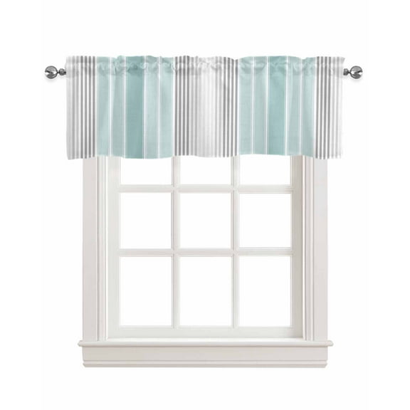 Aqua Gray Stripes Kitchen Valances for Windows Farmhouse Linen Window Valance Curtain for Living Room Window Treatment Minimalist Gradient Lines Aesthetic Valance Rod Pocket Topper, 54 x 18 Inch