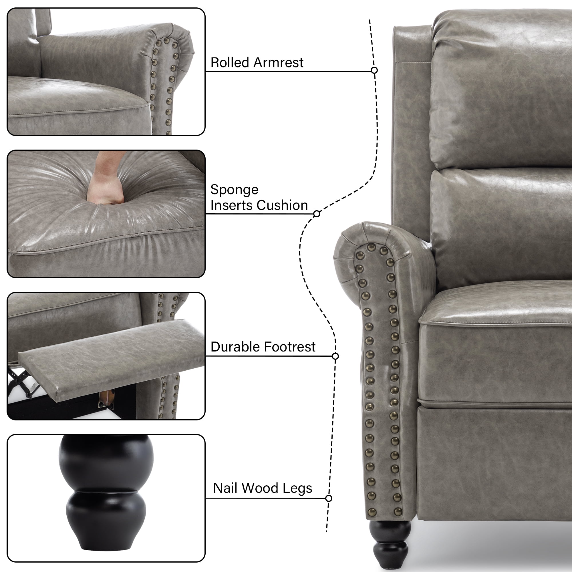 DREAMSIDEA Pushback Recliner Chair Faux Leather Wingback Chair Home Theater Single Sofa for Living Room, Gray