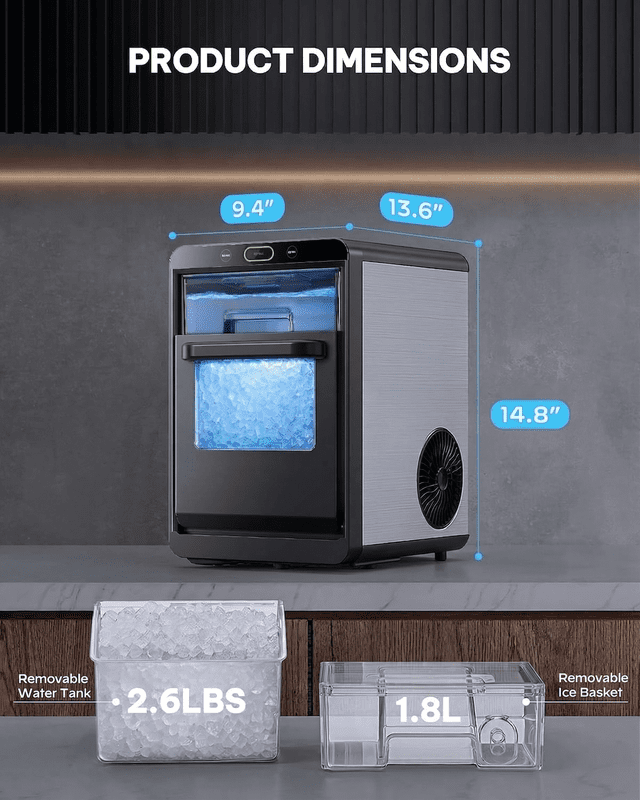 Countertop Nugget Ice Maker with Front Pull-Out Water Tank, 44 lbs/24H Pebble Ice Machine, Removable Ice Basket, Self-Cleaning Crushed Ice Maker, Stainless Steel Finish for Kitchen