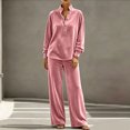 thumbnail image 6 of Szluipve Women Velvet 2 Piece Outfits Stand Collar Henley Button Long Sleeve Top & Elastic Waist Wide Leg Pants Casual Loungewear Matching Set Pink XL, 6 of 6