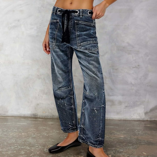 WILLBEST Jeans Mujer Pantalones Vaqueros Holgados de Barril para Mujer, de Tiro Bajo, Con Parches y Pernera Ancha, Con Bolsillos, Estilo Urbano Informal, Diseño Artístico, Ajuste Cómodo. Extra Grande