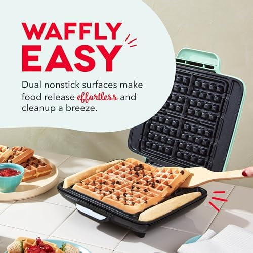 No-Drip Waffle Maker: Waffle Iron 1200W + Waffle Maker Machine For Waffles, Hash Browns, or Any Breakfast, Lunch, & Snacks with Easy Clean, Non-Stick + Mess Free Sides - Aqua
